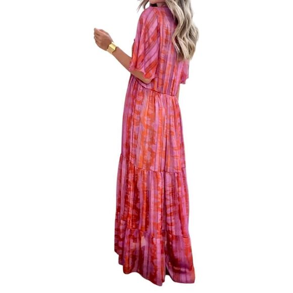 Coacia Watercolor-Print Tiered Maxi Pink Dress Size M NWT - Picture 3 of 7
